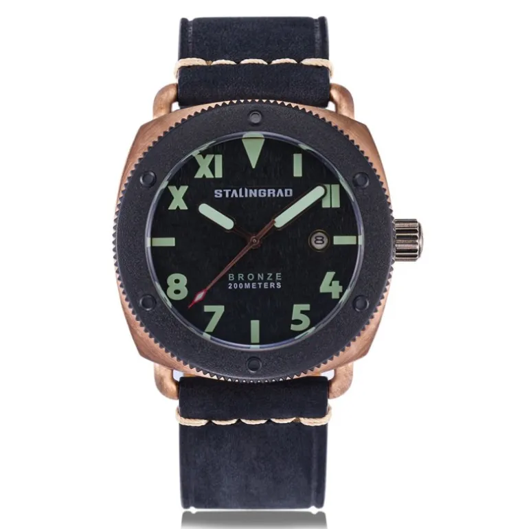 Bronze Defender 200M Black Dial Black Leather Strap