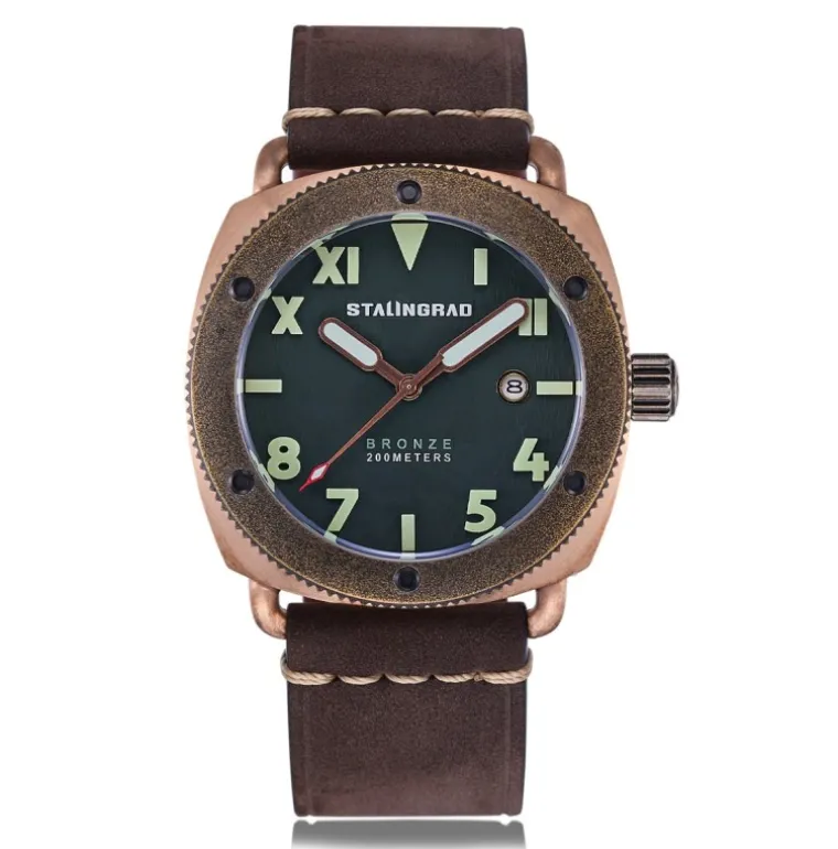 Bronze Defender 200M Green Dial Brown Leather Strap
