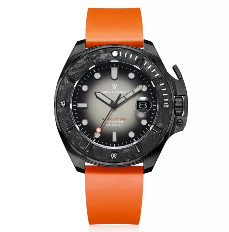 Ichthyosaur 500M Diver Carbon Fiber Bezel Grey Dial Orange Fluororubber 45mm