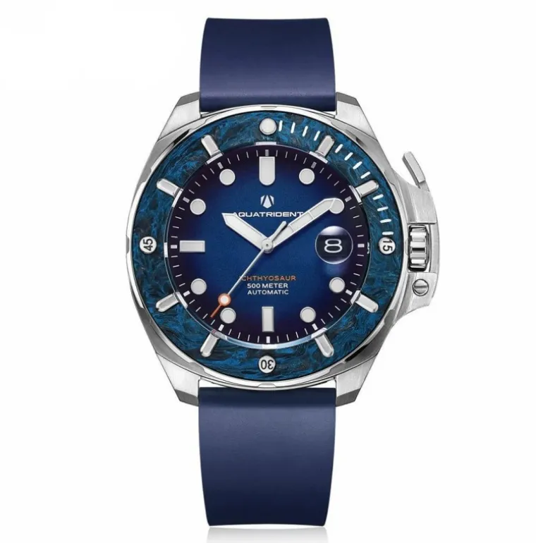 Ichthyosaur 500M Diver Carbon Fiber Bezel Blue Dial Blue Fluororubber 45mm