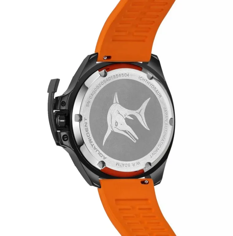 ichthyosaur_m_diver_carbo_3-1.webp Ichthyosaur 500M Diver Carbon Fiber Bezel Grey Dial Orange Fluororubber 45mm