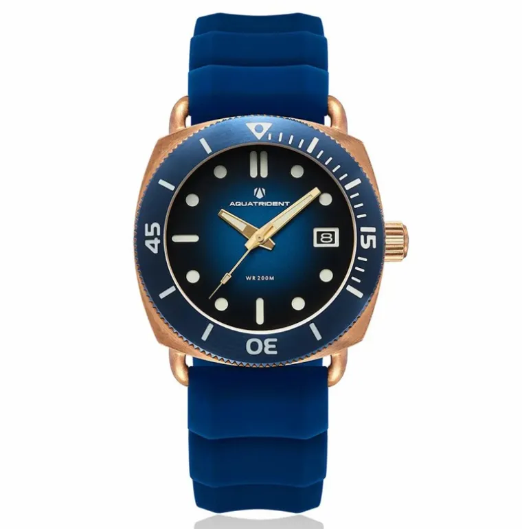 JAWS Bronze Watch Blue Dial Blue Silicon & Genuine Leather Strap 40mm