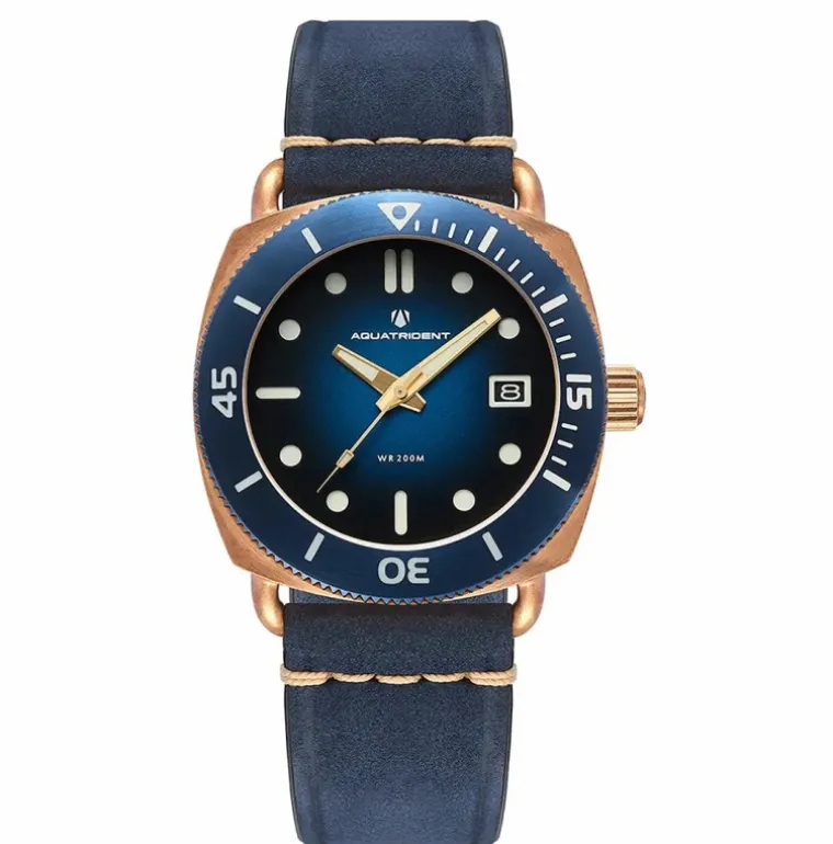 JAWS Bronze Watch Blue Dial Blue Silicon & Genuine Leather Strap 40mm