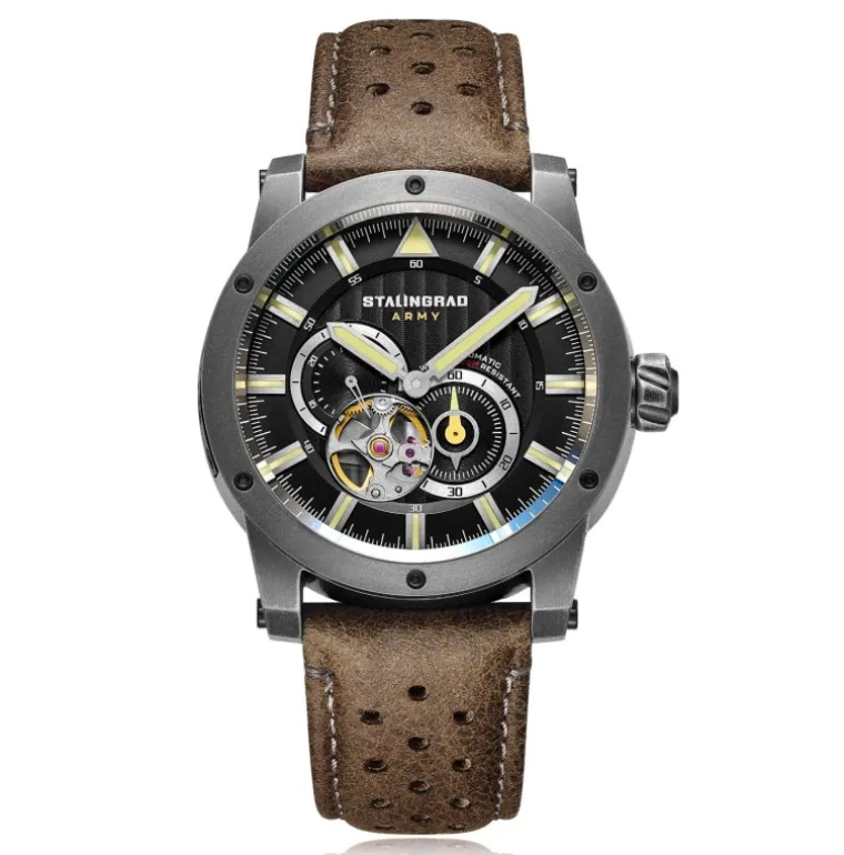 Red Army Black Dial Brown Leather Strap
