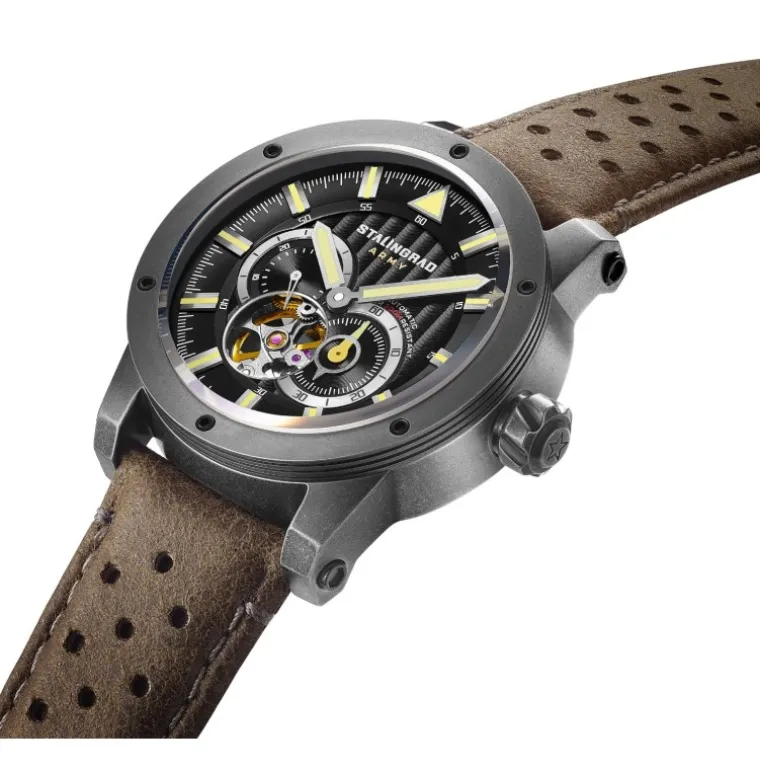 Red Army Black Dial Brown Leather Strap